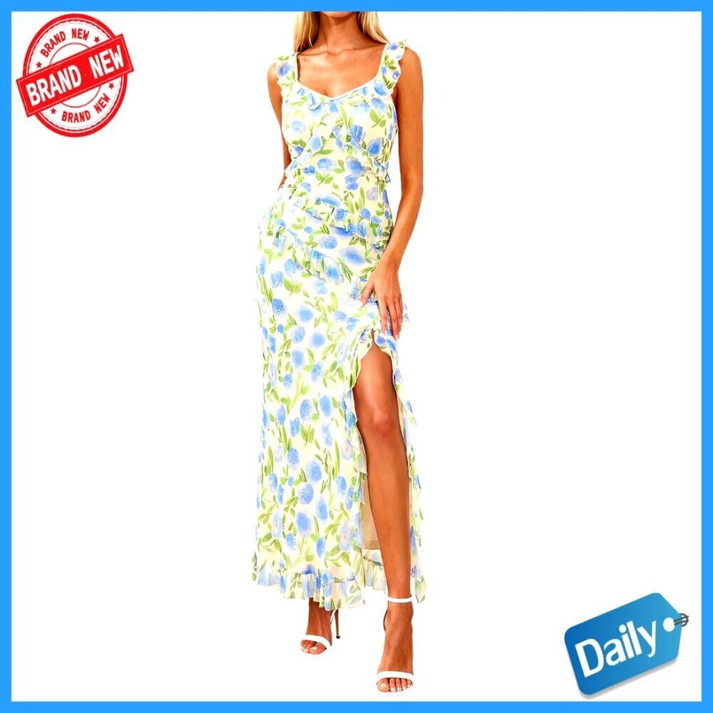 Spaghetti Strap Maxi Dress with Side Slit Mesh Cocktail Beach Vacation
